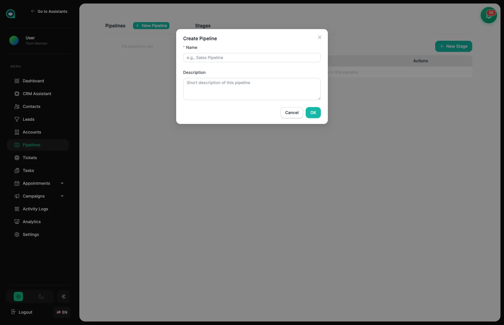 Create pipeline modal